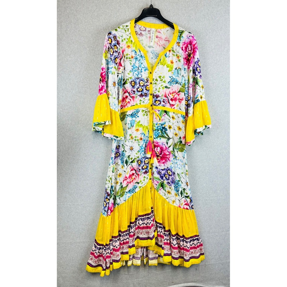 Aratta Silent Journey Large Dress Ibiza Maxie Floral Watercolor Bell Sleeve Art - Picture 2 of 9